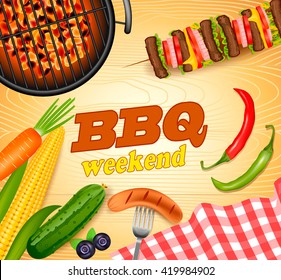 barbecue weekend banner with vector illustration of fresh vegetables, shish Kebab and BBQ grill