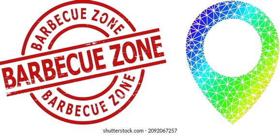 BARBECUE ZONE textured seal and low-poly spectrum colored map pointer icon with gradient. Red stamp seal has Barbecue Zone caption inside circle and lines form.