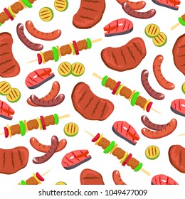 Barbecued food seamless pattern, brochettes and steaks, salmon and sausages, vegetables and barbecued meal, vector illustration isolated on white