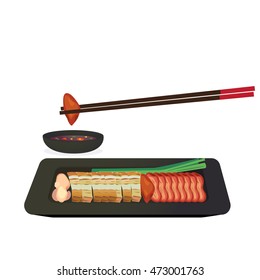Barbecued red pork and crispy pork in a dish with dipping sauce.