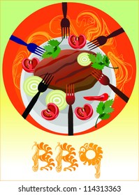 barbecue,meat stake on the plate,forks,tomato,vegetables,picnic background.