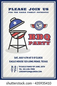 Barbecue's Party Invitation And Response Card, Fourth Of July Cerebration, USA Independence Day Party Invitation Design With Badge And Grils. Vector Illustration