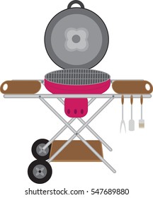 Barbecues round mobile on wheels with space for cooking