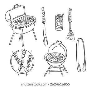 Barbecue-themed doodle set with grills, utensils, skewers, and a summer drink in black and white. Fun hand-drawn collection perfect for cookout invitations and summer food illustrations