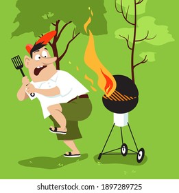 Barbecuing Man Ignoring Fire Safety And Scared Of Flames, EPS 8 Vector Illustration