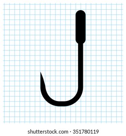 Barbed fish hook - black vector icon