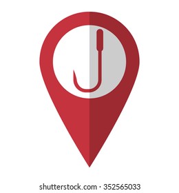 Barbed fish hook - vector icon; red map  pointer