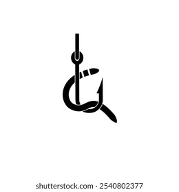 Barbed Fish Hook with Worm Solid Flat Vector Icon Isolated on White Background.