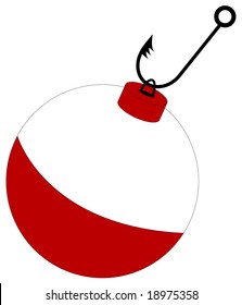 barbed fishing hook attached to red and white bobber