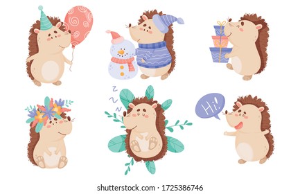 Barbed Hedgehog Character Carrying Pile of Gift Boxes and Building Snowman Vector Set