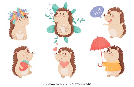 Barbed Hedgehog Character Holding Strawberry and Heart Shape Vector Set