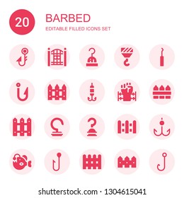 barbed icon set. Collection of 20 filled barbed icons included Fishing hook, Fence, Hook, Barbed wire, Angler