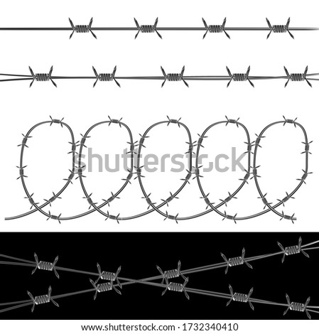 barbed metal wire of various shapes. Three types of spirals for the protection of the territory. Line Set Closeup for Borderline  View on white and black background