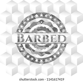 Barbed realistic grey emblem with cube white background