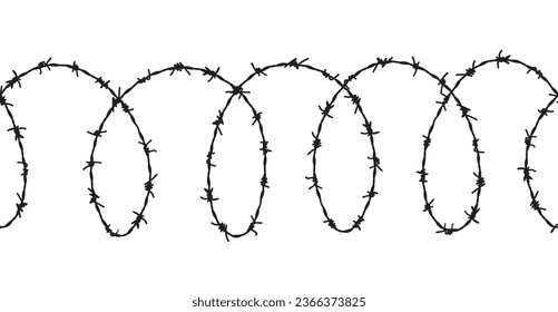 Barbed seamless wire vector fence barbwire border chain. Prison line war barb background metal silhouette