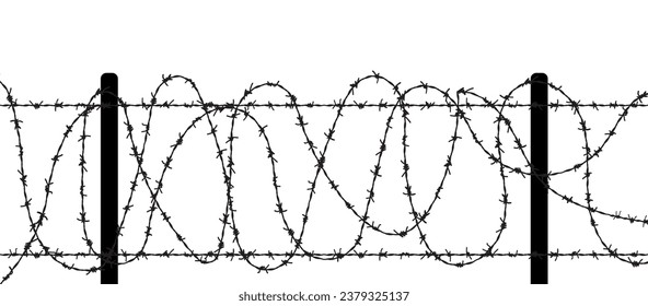 Barbed seamless wire vector fence barbwire border chain. Prison line war barb background metal silhouette