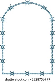 Barbed Wire Arched Decorative Frame, Vintage Western Rustic Blue Line Art Vector Illustration