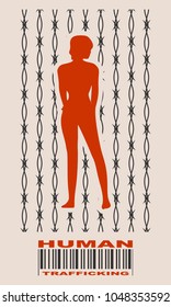 Barbed wire backdrop and woman silhouette. Human trafficking text