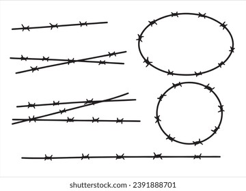 Barbed Wire. Barbwire chain boundary. Sharp spike chain. Security and protection. Military border, element of army camp and jail, prison. Border and barrier