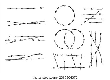 Barbed Wire. Barbwire chain boundary. Sharp spike chain. Security and protection. Military border, element of army camp and jail, prison. Border and barrier