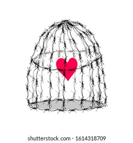 barbed wire bird cage with a heart inside.Prison domestic violence union protection of the rights of women and men, psychological assistance.Vector stock illustration hand-drawn on a white background