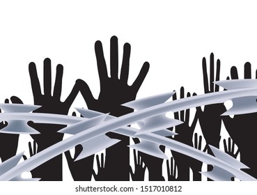 barbed wire with black hands behind it