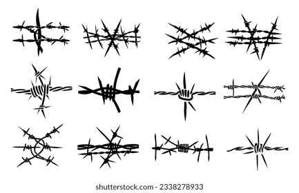 Barbed wire black silhouette on transparent background, vector set

