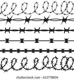 Barbed Wire Black Silhouettes Vector set. 