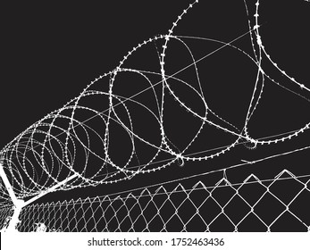 Barbed wire black and white vector. Landscape, prison, jail.