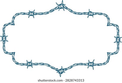 Barbed Wire Border Frame with Decorative Rectangular Shape, Vintage Western Rustic Blue Line Art Vector Illustration