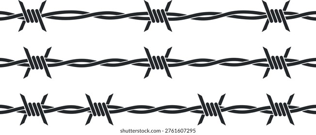 Barbed Wire Border Set. Barbed wire border set with seamless fence line designs isolated on white background. Barbed wire  border. Seamless barbed wire fence.