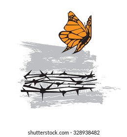 Barbed wire and butterfly. Vector illustration of symbol of freedom in the prison