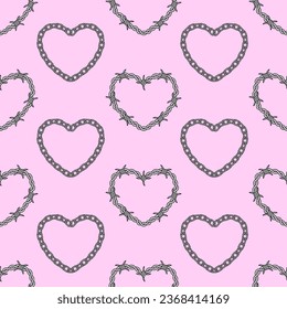 Barbed wire and chain hearts seamless patern. Y2k emo goth romantic background. Valentine day concept. Vector glam design