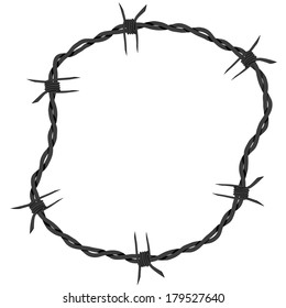 Barbed wire circle frame background. Vector fence illustration isolated on white. Protection concept design.