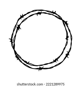 Barbed wire circle frame. Hand drawn vector illustration in sketch style. Design element for military, security, prison, slavery concepts