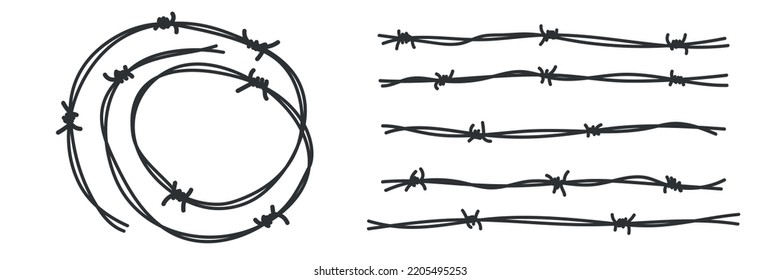 Barbed wire circle and line view set. Fence barbwire, border chain silhouette. War barb. Vector  illustration  on white background