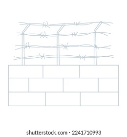 Barbed wire circle and line view set. Fence barbwire, border chain silhouette. War barb. Vector illustration on white background