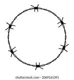 Barbed Wire Circle. Round Wire Frame With Sharp Spikes. Symbol Of Fence, Prison, Prohibition. Black Barbed Chain Border. Steel Barbwire, Line Art. Vector Illustration Isolated On White Background.