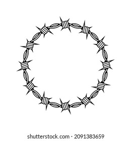 Barbed wire of circle shape symbol isolated on white background. Frame sharp round. Outline vintage style. Vector illustration.