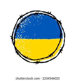 Barbed wire circle shape in Ukrainian flag blue and yellow colors. Hand drawn vector illustration in sketch style