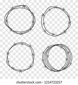 Barbed wire coil. Set for concept design, restricted area, refer to the boundaries of territory. Barbwire Metal fence realistic 3d vector. Round silhouette turns the wire