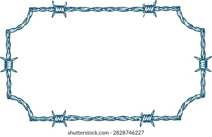 Barbed Wire Decorative Border Frame, Vintage Western Rustic Blue Line Art Vector Illustration