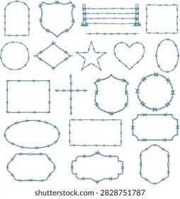 Barbed Wire Decorative Frame Collection, Vintage Western Rustic Border Set with Various Shapes Blue Line Art Vector Illustration