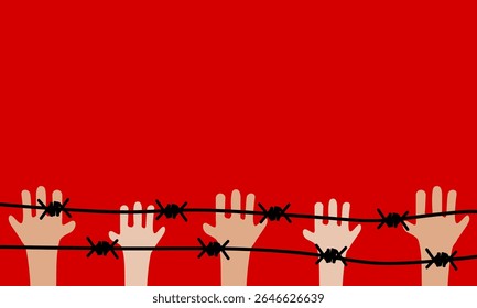 Arame farpado diagonal com mão levantando clip art vetor ilustração com espaço em branco. Espigão do fio da borda. Fundo vermelho da prisão ou prisão. Cerca de arame para ilustração de segurança