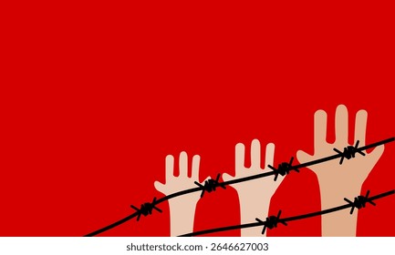 Arame farpado diagonal com mão levantando clip art vetor ilustração com espaço em branco. Espigão do fio da borda. Prisão ou antecedentes da prisão. Cerca de arame para ilustração de segurança