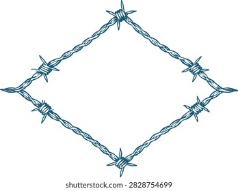 Barbed Wire Diamond Decorative Frame, Vintage Western Rustic Blue Line Art Vector Illustration