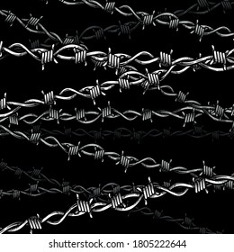 Barbed wire of different sizes, symbol of imprisonment, restriction of freedom and struggle for rights on a black background. Shackles and a fence. Vector concept, sketch with strokes and lines