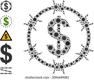 Icono de mosaico en dólares con alambre de púas. El collage vectorial se construye con iconos de infección al azar. Icono del dólar de alambre de púas de mosaico de infección e iconos adicionales.