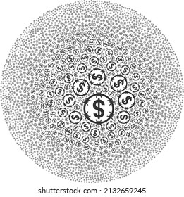Barbed wire dollar symbols are combined into circle group. Barbed wire dollar icon round collage. Abstraction round bubble collage created with barbed wire dollar symbols.