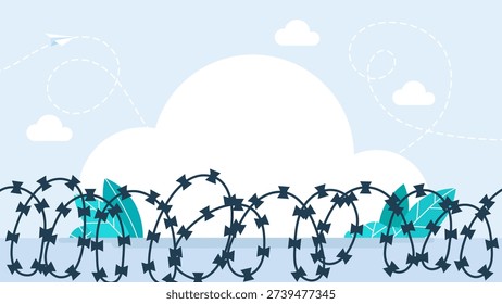 Barbed wire fence. Barbwire fence background. Design element military, security, prison, slavery concepts. Barbed wire border. Vector illustration. 